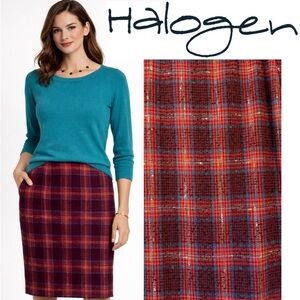 Halogen Avondale Tweed Plaid Pencil Skirt Wool Blend Sz 8